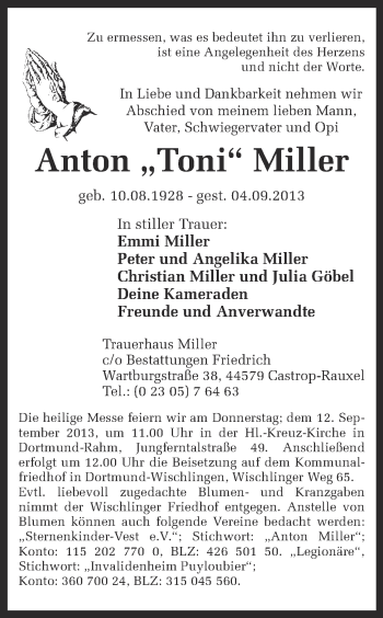 Traueranzeige von Anton Miller von Ruhr Nachrichten