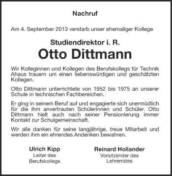 Traueranzeige von Otto Dittmann von Münstersche Zeitung und Münsterland Zeitung