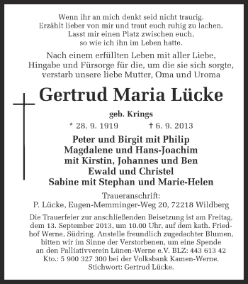 Traueranzeige von Gertrud Maria Lücke von Ruhr Nachrichten