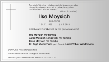 Traueranzeige von Ilse Moysich von Ruhr Nachrichten
