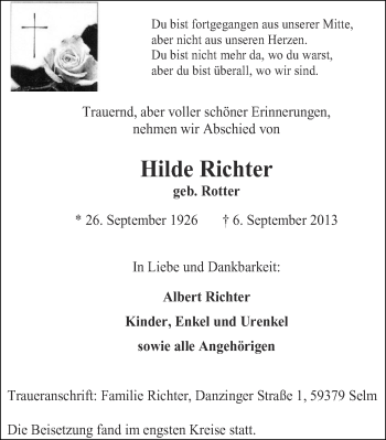 Traueranzeige von Hilde Richter von Ruhr Nachrichten