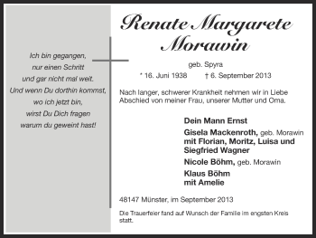 Traueranzeige von Renate Margarete Morawin von Münstersche Zeitung und Grevener Zeitung