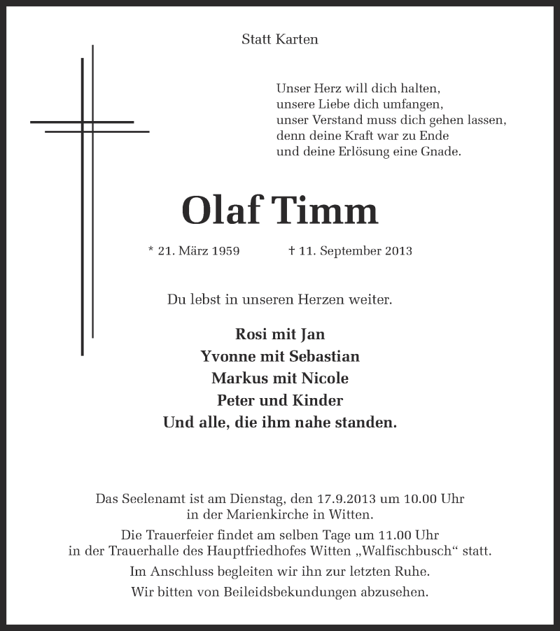  Traueranzeige für Olaf Timm vom 14.09.2013 aus Ruhr Nachrichten
