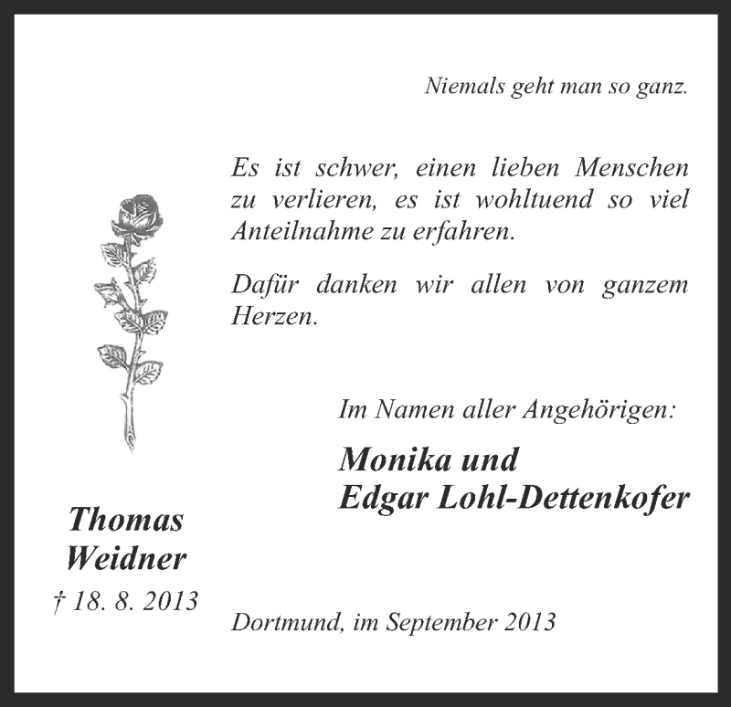  Traueranzeige für Thomas Weidner vom 14.09.2013 aus Ruhr Nachrichten