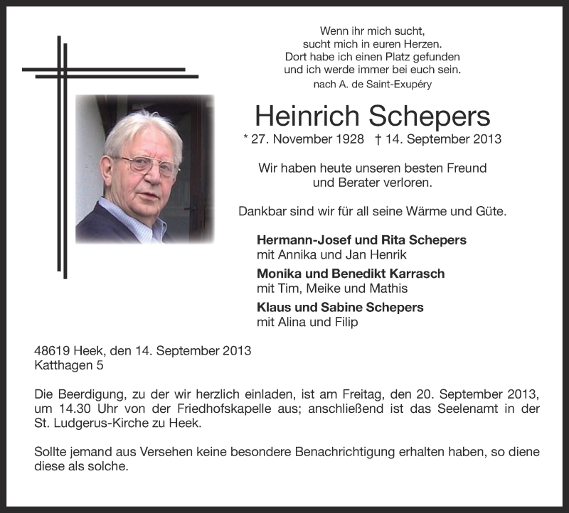 Traueranzeige für Heinrich Schepers vom 17.09.2013 aus Münstersche Zeitung und Münsterland Zeitung
