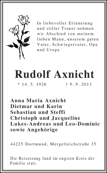 Traueranzeige von Rudolf Axnicht von Ruhr Nachrichten