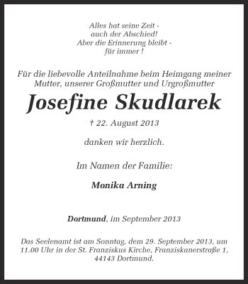 Traueranzeige von Josefine Skudlarek von Ruhr Nachrichten