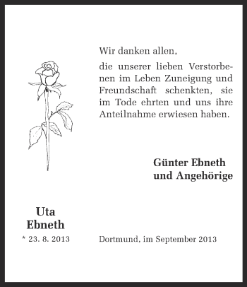 Traueranzeige von Uta Ebneth von Ruhr Nachrichten