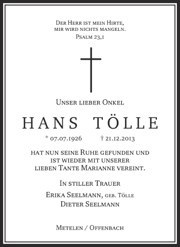 Traueranzeige von Hans Tölle von Münstersche Zeitung und Münsterland Zeitung