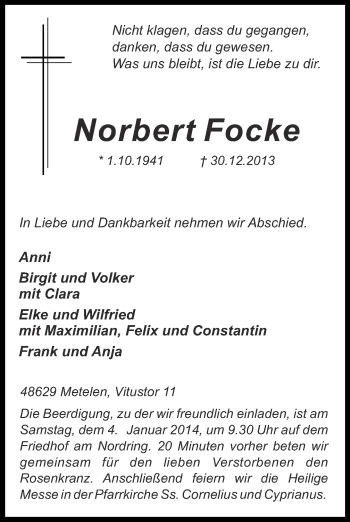 Traueranzeige von Norbert Focke 