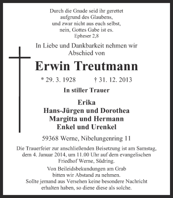 Traueranzeige von Erwin Treutmann von Ruhr Nachrichten