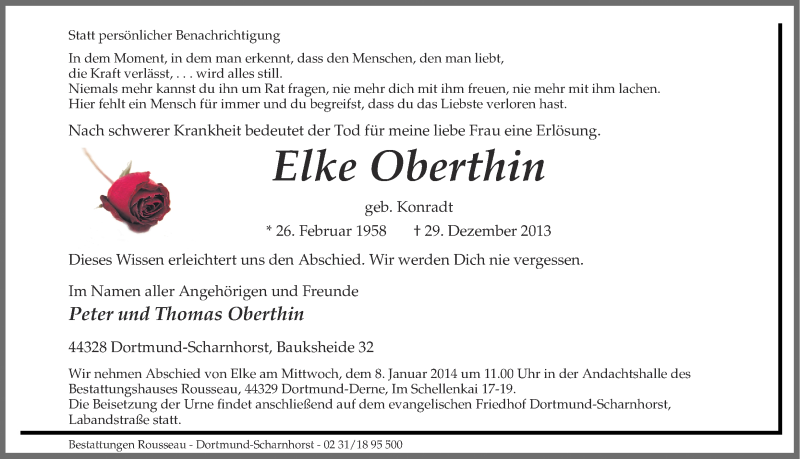  Traueranzeige für Elke Oberthin vom 04.01.2014 aus Ruhr Nachrichten