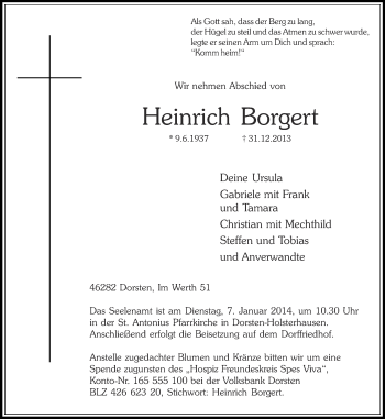 Traueranzeige von Heinrich Borgert von Ruhr Nachrichten und Dorstener Zeitung