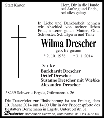 Traueranzeige von Wilma Drescher von Ruhr Nachrichten