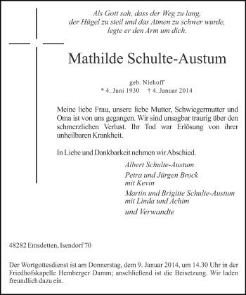 Traueranzeige von Mathilde Schulte-Austum 