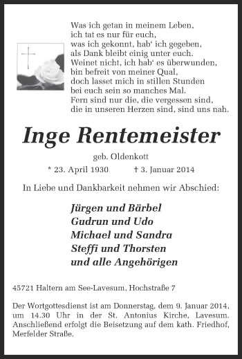 Traueranzeige von Inge Rentemeister von Ruhr Nachrichten und Halterner Zeitung