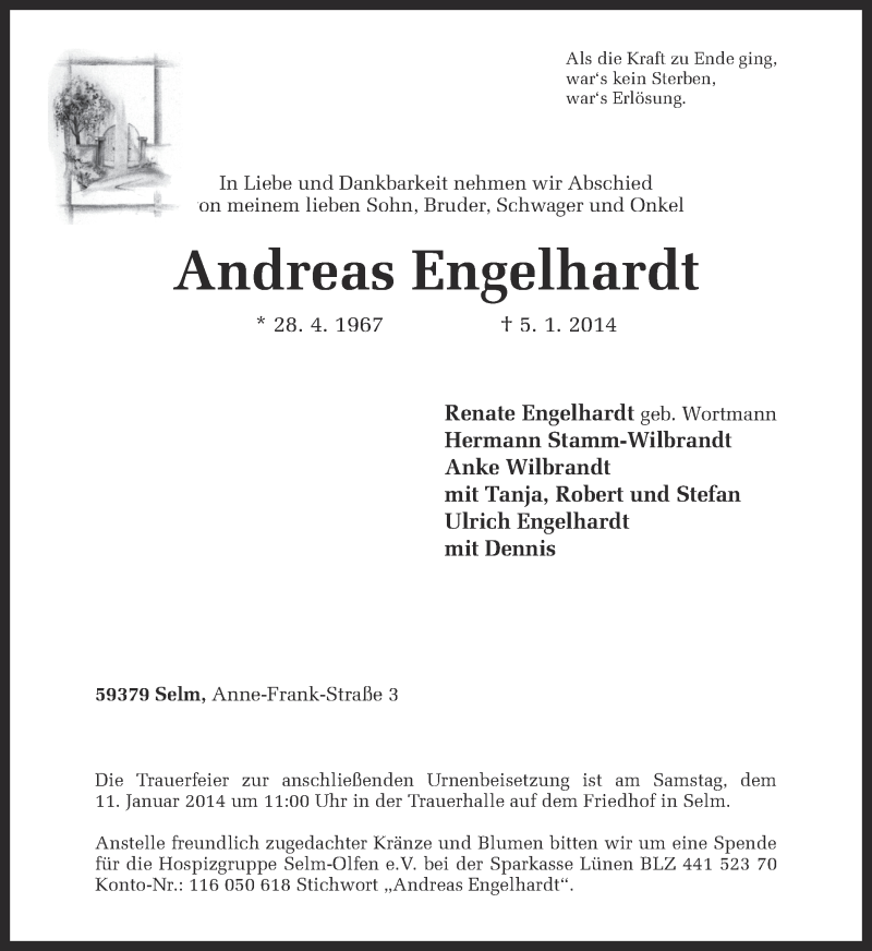  Traueranzeige für Andreas Engelhardt vom 07.01.2014 aus Ruhr Nachrichten