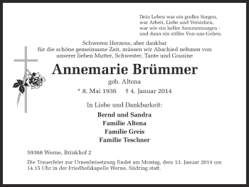 Traueranzeige von Annemarie Brümmer von Ruhr Nachrichten