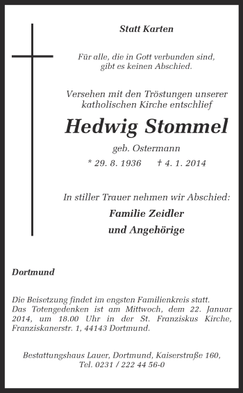 Traueranzeige von Hedwig Stommel von Ruhr Nachrichten