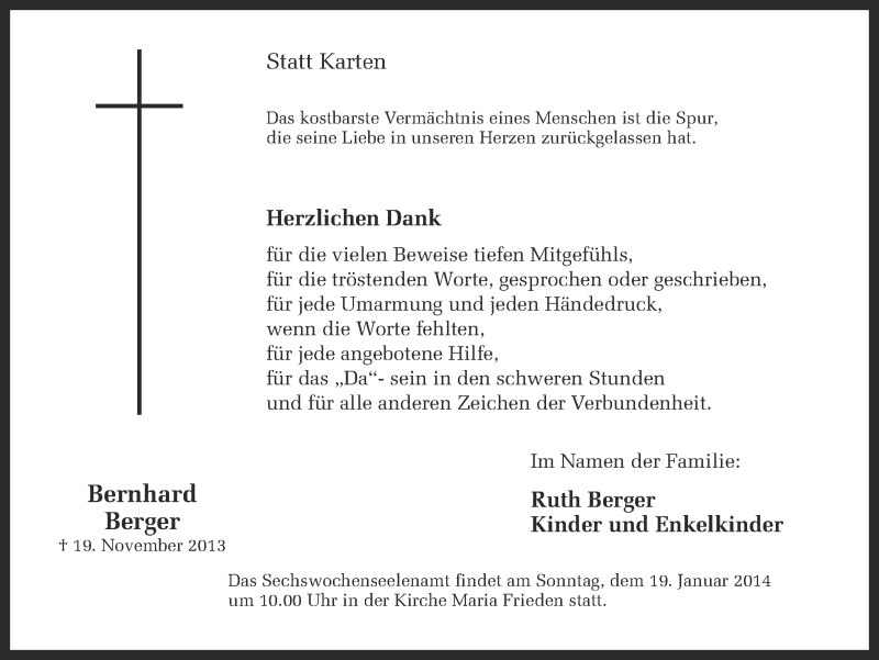  Traueranzeige für Bernhard Berger vom 11.01.2014 aus Ruhr Nachrichten