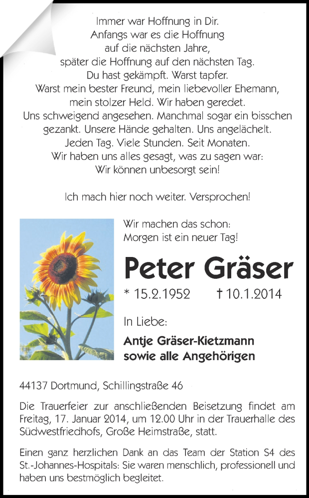  Traueranzeige für Peter (Klaus Peter) Gräser vom 11.01.2014 aus Ruhr Nachrichten