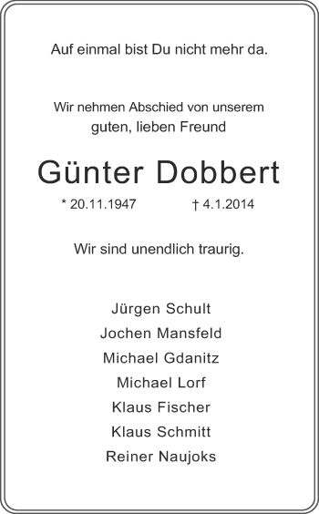 Traueranzeige von Günter Dobbert von Ruhr Nachrichten