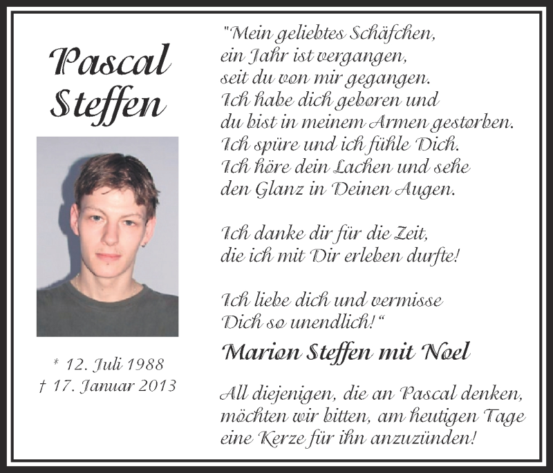  Traueranzeige für Pascal Steffen vom 17.01.2014 aus Ruhr Nachrichten und Halterner Zeitung