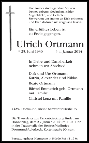 Traueranzeige von Ulrich Ortmann von Ruhr Nachrichten