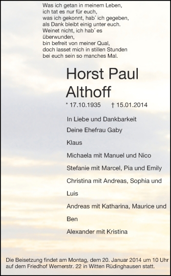 Traueranzeige von Horst Paul Althoff von Ruhr Nachrichten