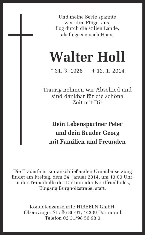  Traueranzeige für Walter Holl vom 18.01.2014 aus Ruhr Nachrichten