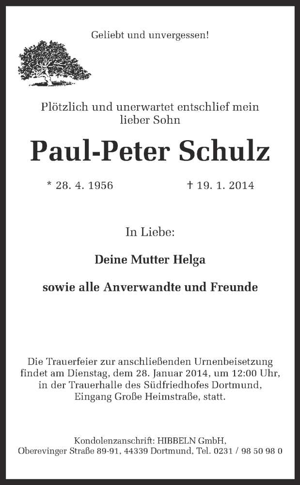  Traueranzeige für Paul-Peter Schulz vom 25.01.2014 aus Ruhr Nachrichten