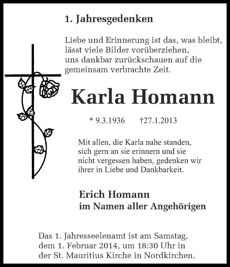  Traueranzeige für Karla Homann vom 25.01.2014 aus Ruhr Nachrichten