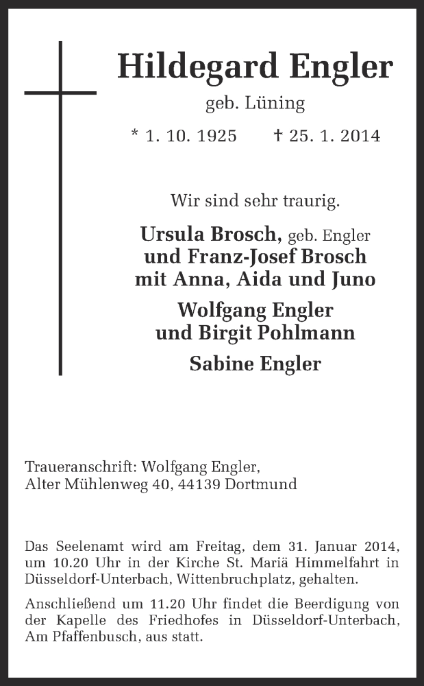  Traueranzeige für Hildegard Engler vom 29.01.2014 aus Ruhr Nachrichten