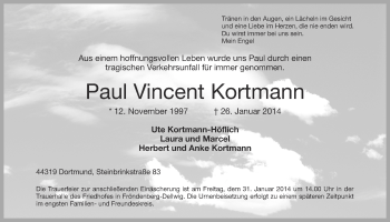 Traueranzeige von Paul Vincent Kortmann von Ruhr Nachrichten