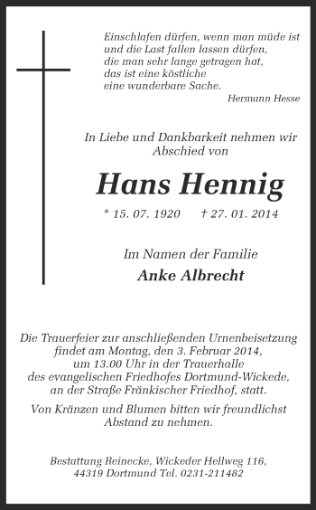 Traueranzeige von Hans Hennig von Ruhr Nachrichten