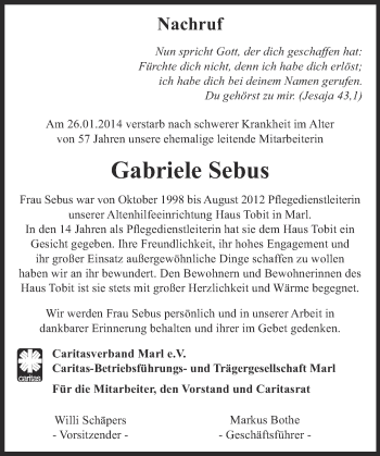 Traueranzeige von Gabriele Sebus von Ruhr Nachrichten und Dorstener Zeitung