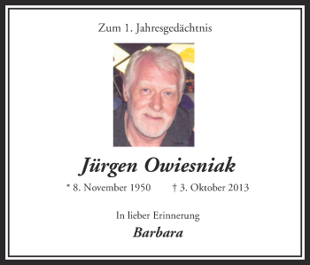 Traueranzeige von Jürgen Owiesniak von Ruhr Nachrichten und Dorstener Zeitung