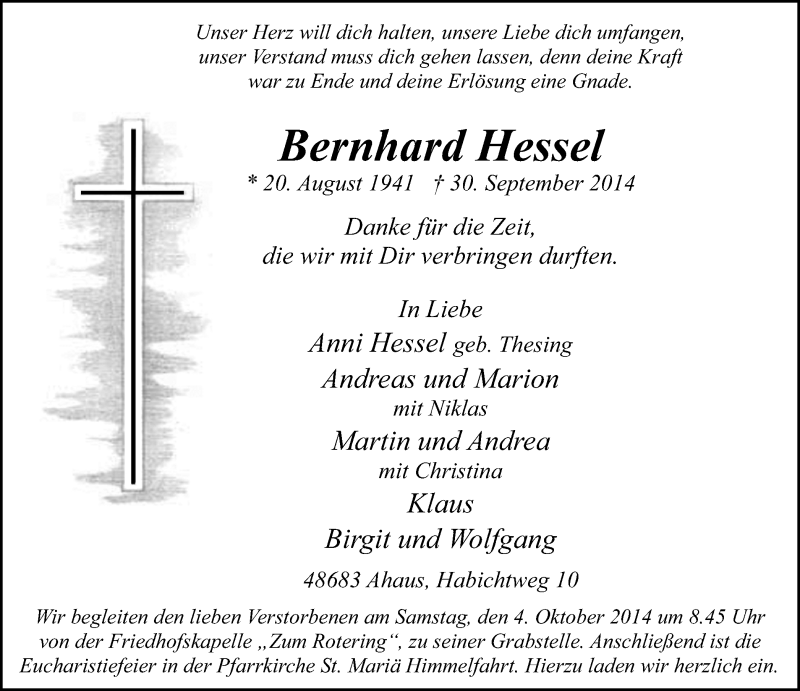  Traueranzeige für Bernhard Hesse vom 02.10.2014 aus Münstersche Zeitung und Münsterland Zeitung