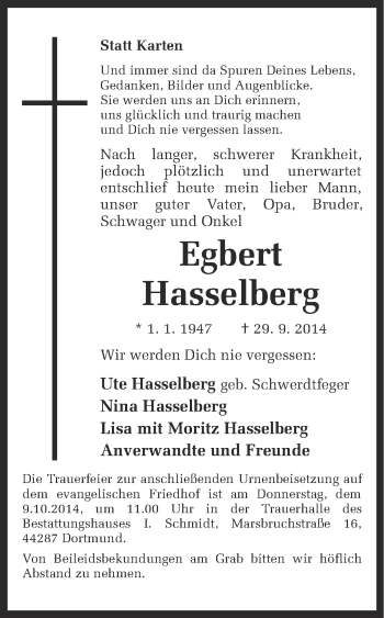 Traueranzeige von Egbert Hasselberg von Ruhr Nachrichten