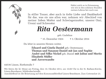 Traueranzeige von Rita Oestermann von Ruhr Nachrichten