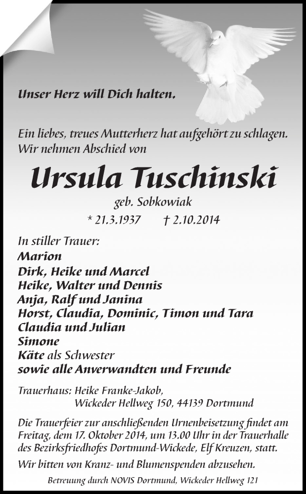  Traueranzeige für Ursula Tuschinski vom 11.10.2014 aus Ruhr Nachrichten