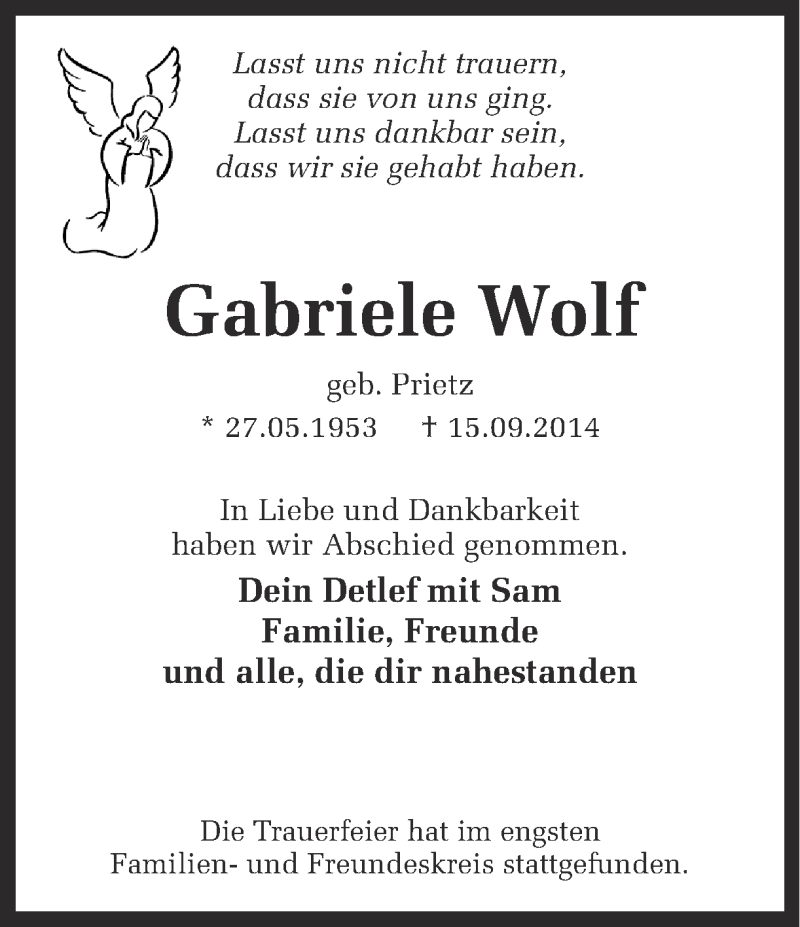  Traueranzeige für Gabriele Wolf vom 16.10.2014 aus Ruhr Nachrichten