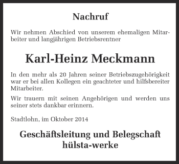Traueranzeige von Karl-Heinz Meckmann von Münstersche Zeitung, Emsdettener Volkszeitung, Grevener Zeitung und Münsterland Zeitung