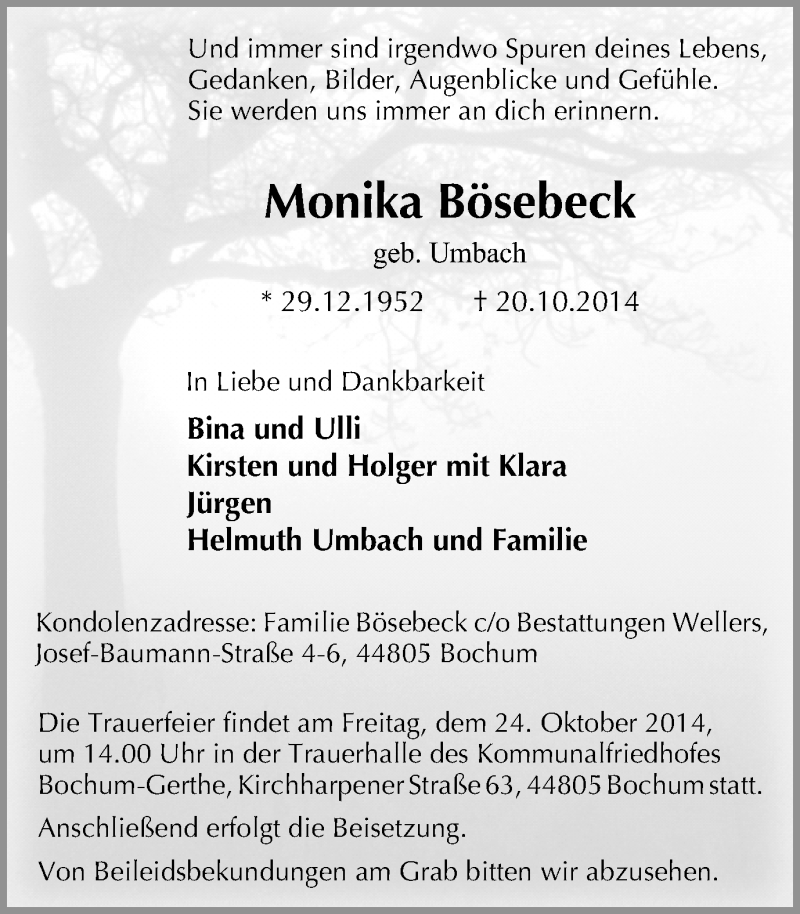  Traueranzeige für Monika Bösebeck vom 22.10.2014 aus Ruhr Nachrichten