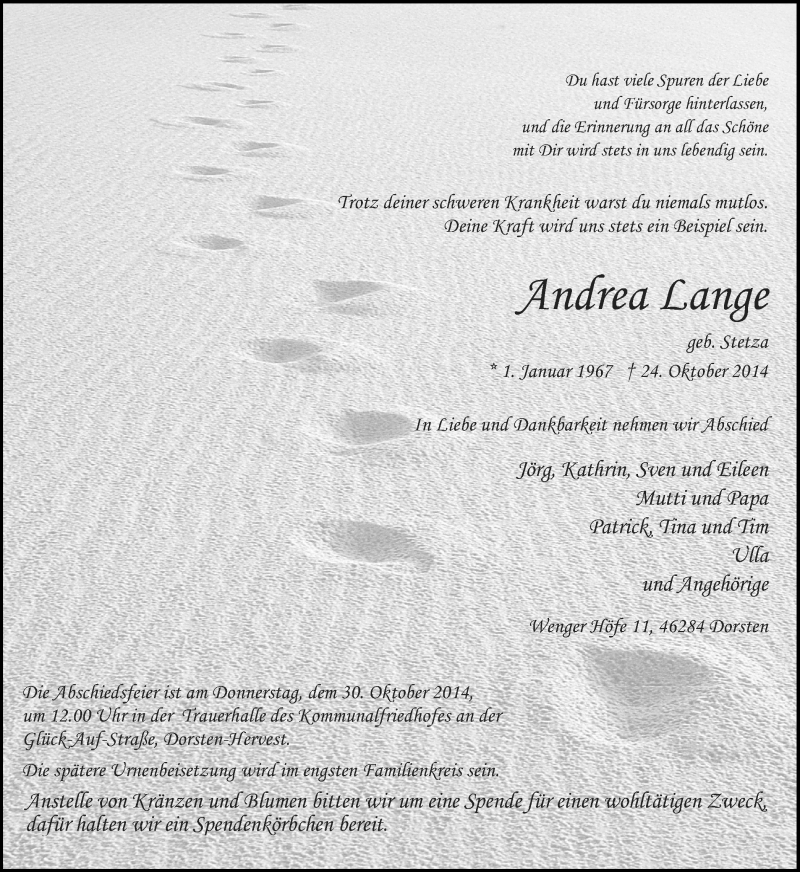  Traueranzeige für Andrea Lange vom 28.10.2014 aus Ruhr Nachrichten und Dorstener Zeitung