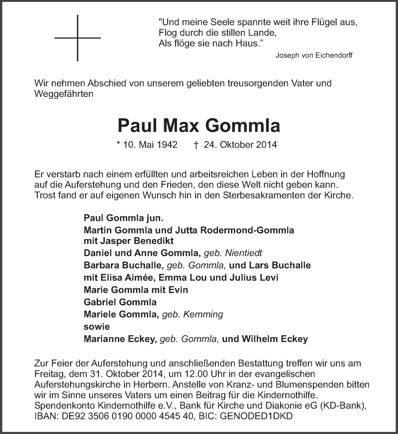 Traueranzeige für Paul Max Gommla vom 29.10.2014 aus Ruhr Nachrichten