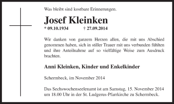 Traueranzeige von Josef Kleinken von Ruhr Nachrichten und Dorstener Zeitung