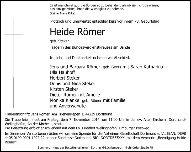  Traueranzeige für Heide Römer vom 01.11.2014 aus Ruhr Nachrichten