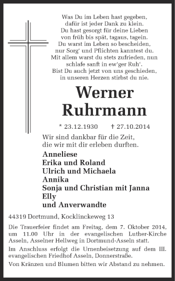 Traueranzeige von Werner Ruhrmann von Ruhr Nachrichten