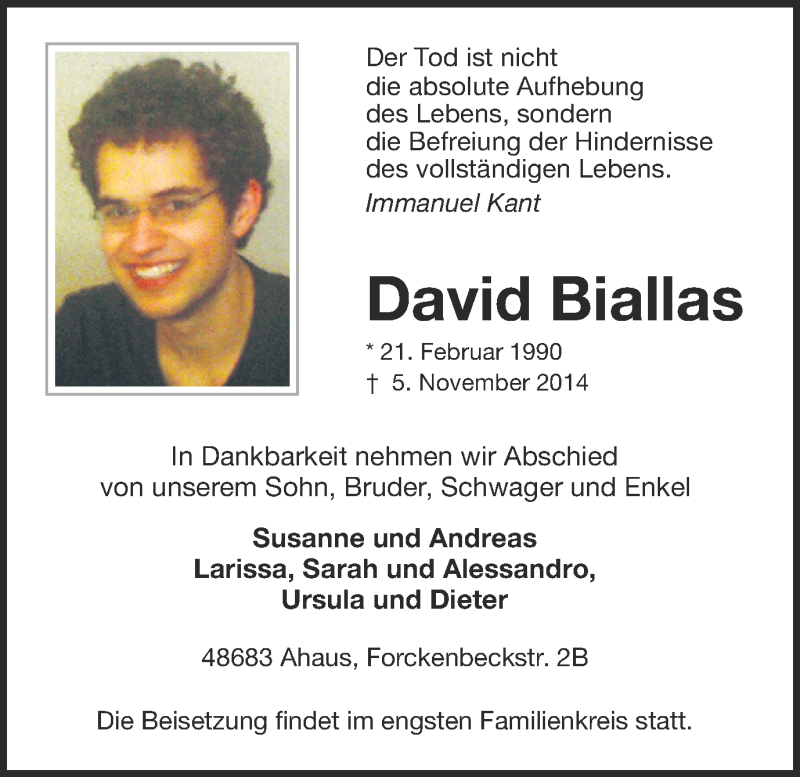  Traueranzeige für David Biallas vom 08.11.2014 aus Münstersche Zeitung und Münsterland Zeitung